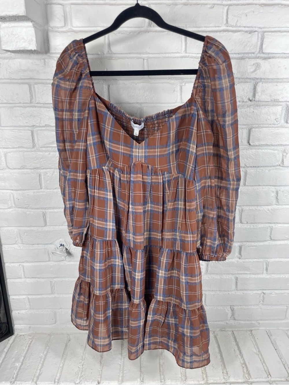 Gianni Bini Plaid Babydoll Dress Large Brown Blue Puff Sleeve Tiered